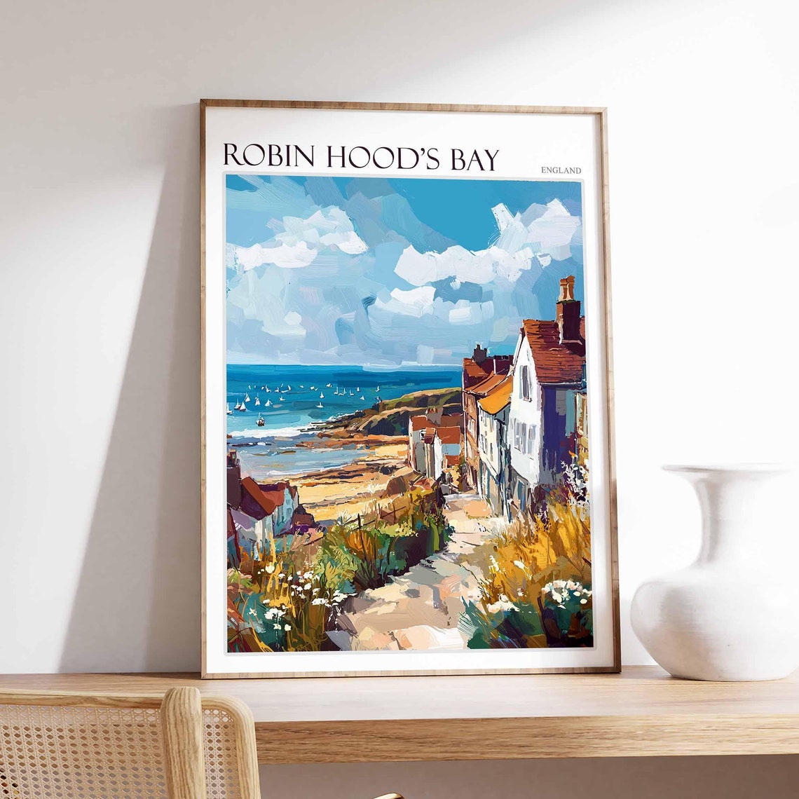 Robin Hood's Bay England Painted Cliff Path Sailboats Poster