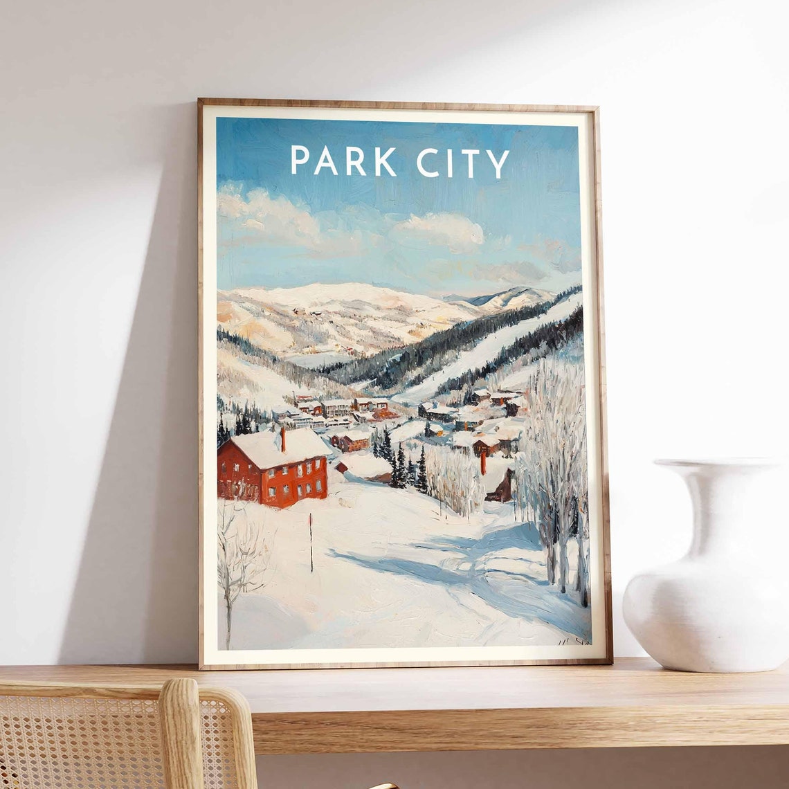 Park City Red Barn Snow Hillside Serene Valley Snowy Scene Poster