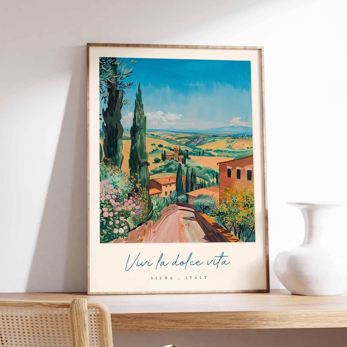 Siena Italy Cypress Lined Road Golden Fields Countryside Travel Poster