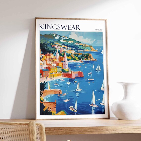 Kingswear England Church Towers Harbor Sailboat Panorama Art Poster