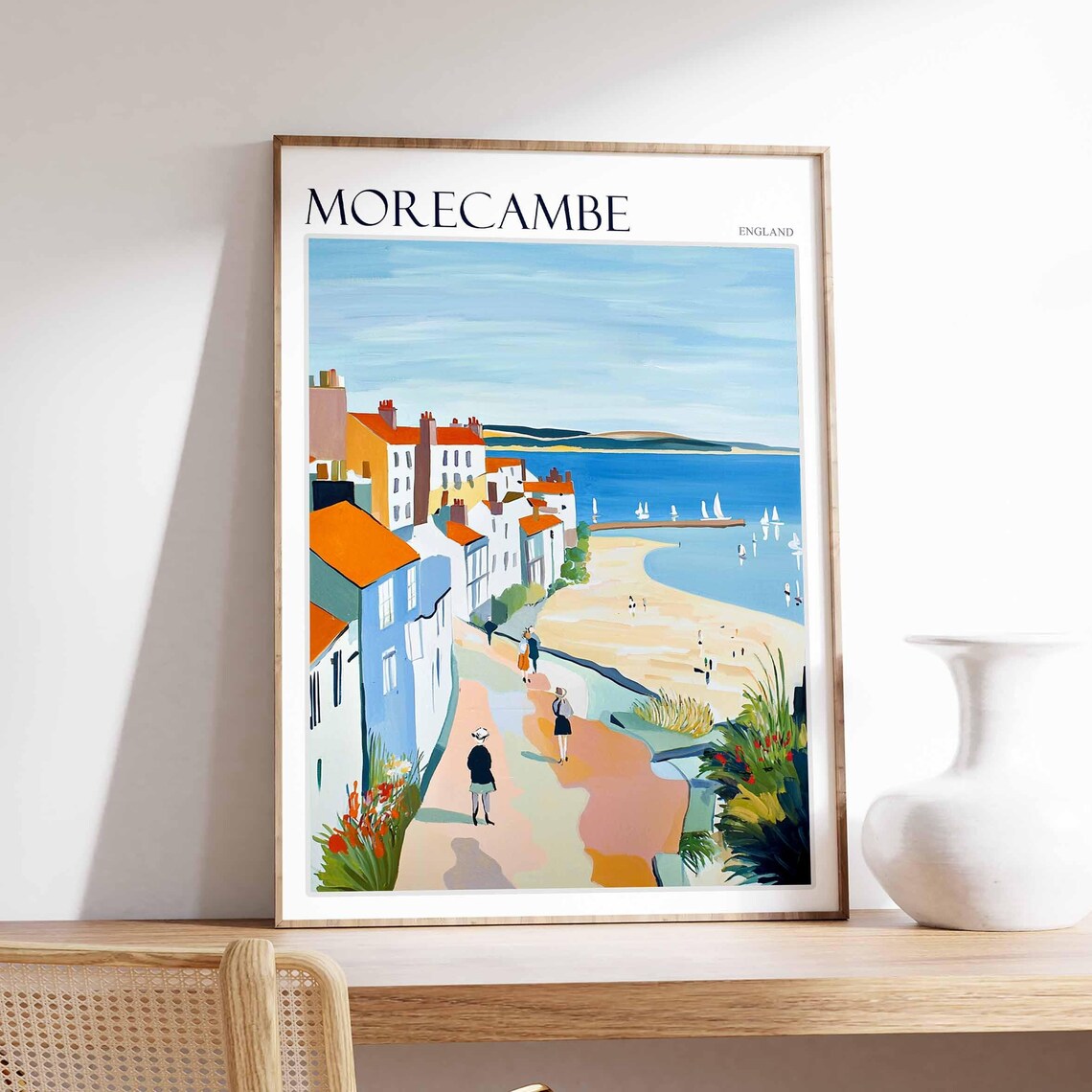 Morecambe Hillside Street Seaside Beach Sailboats England Travel Poster