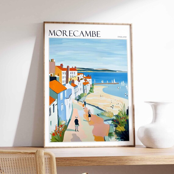 Morecambe Hillside Street Seaside Beach Sailboats England Travel Poster