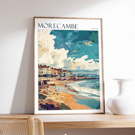 Morecambe England Rocky Beach Seagulls Textured Sky Colors Poster