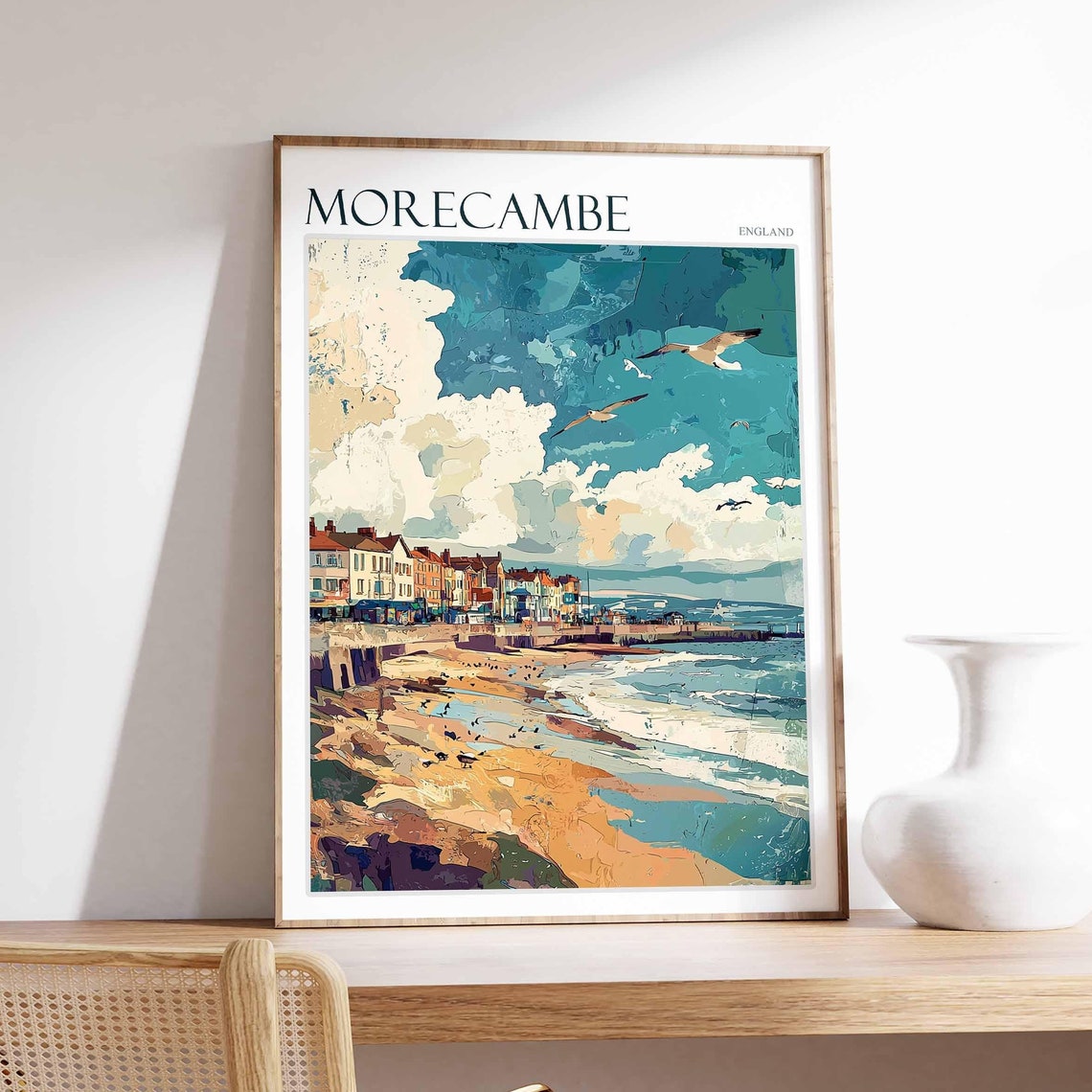 Morecambe England Rocky Beach Seagulls Textured Sky Colors Poster