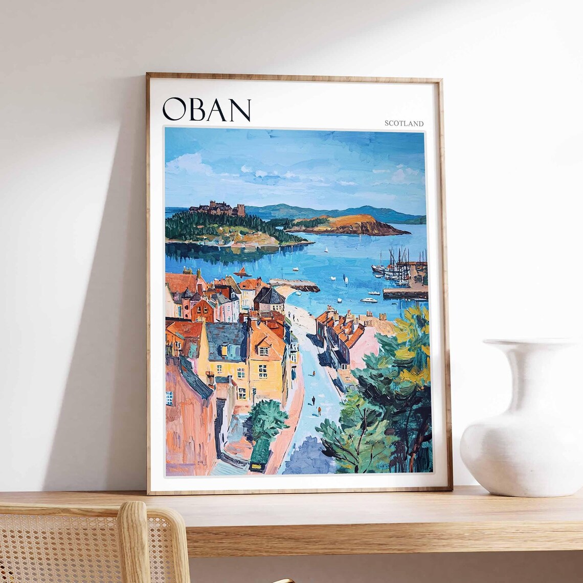 Oban Curved Street Castle Island Bay Town Scotland Travel Poster