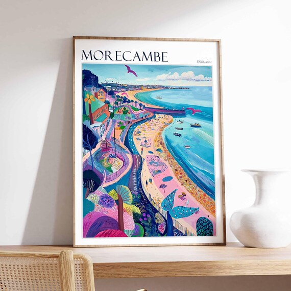 Morecambe England Colorful Curving Promenade Pink Birds Beach Poster