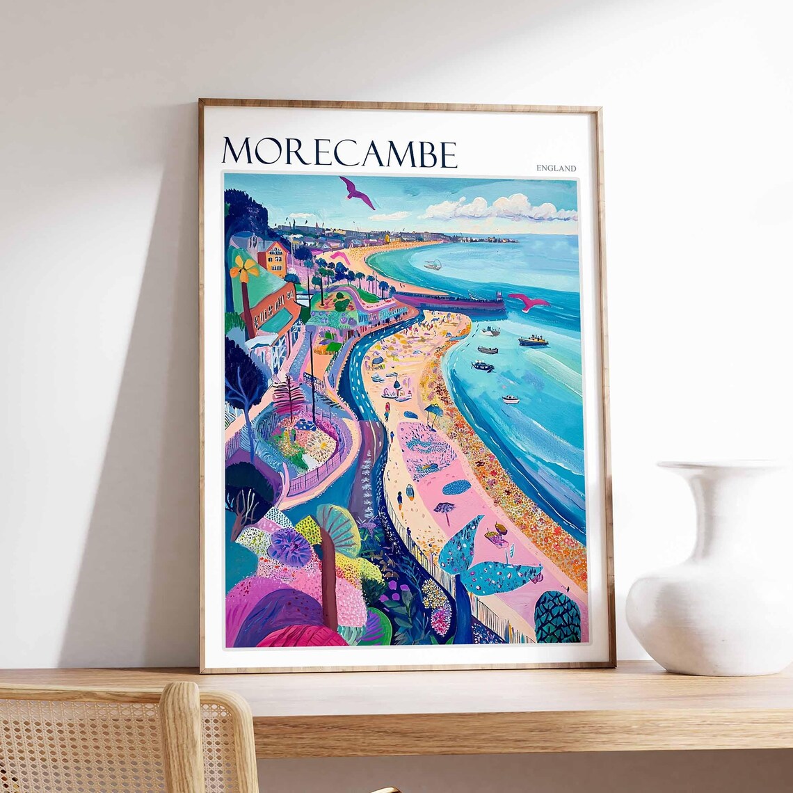 Morecambe England Colorful Curving Promenade Pink Birds Beach Poster