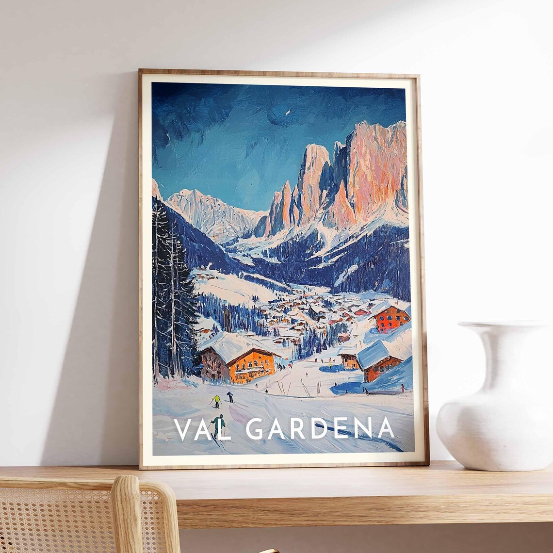 Val Gardena Italy Sunset Dolomite Peaks Village Skiers Art Poster