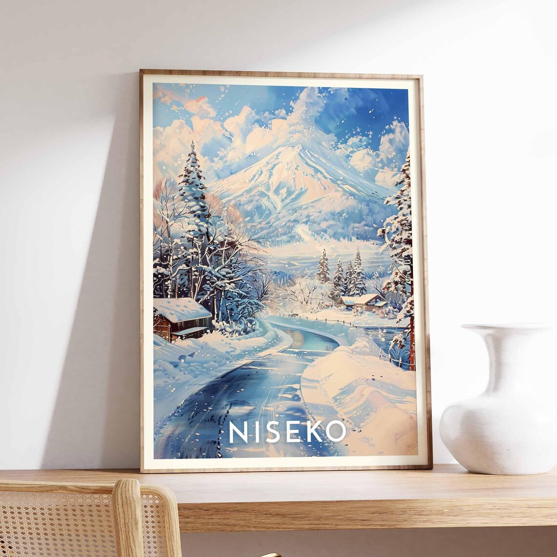Niseko Japan Snowy Pine Road Winding To Peak Painterly Ski Travel Poster