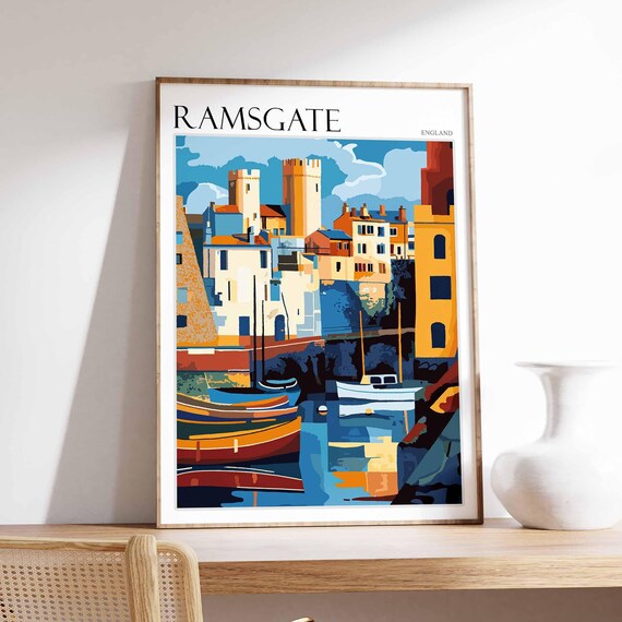 Ramsgate England Graphic Harbor Boats Golden Tower Artwork Poster