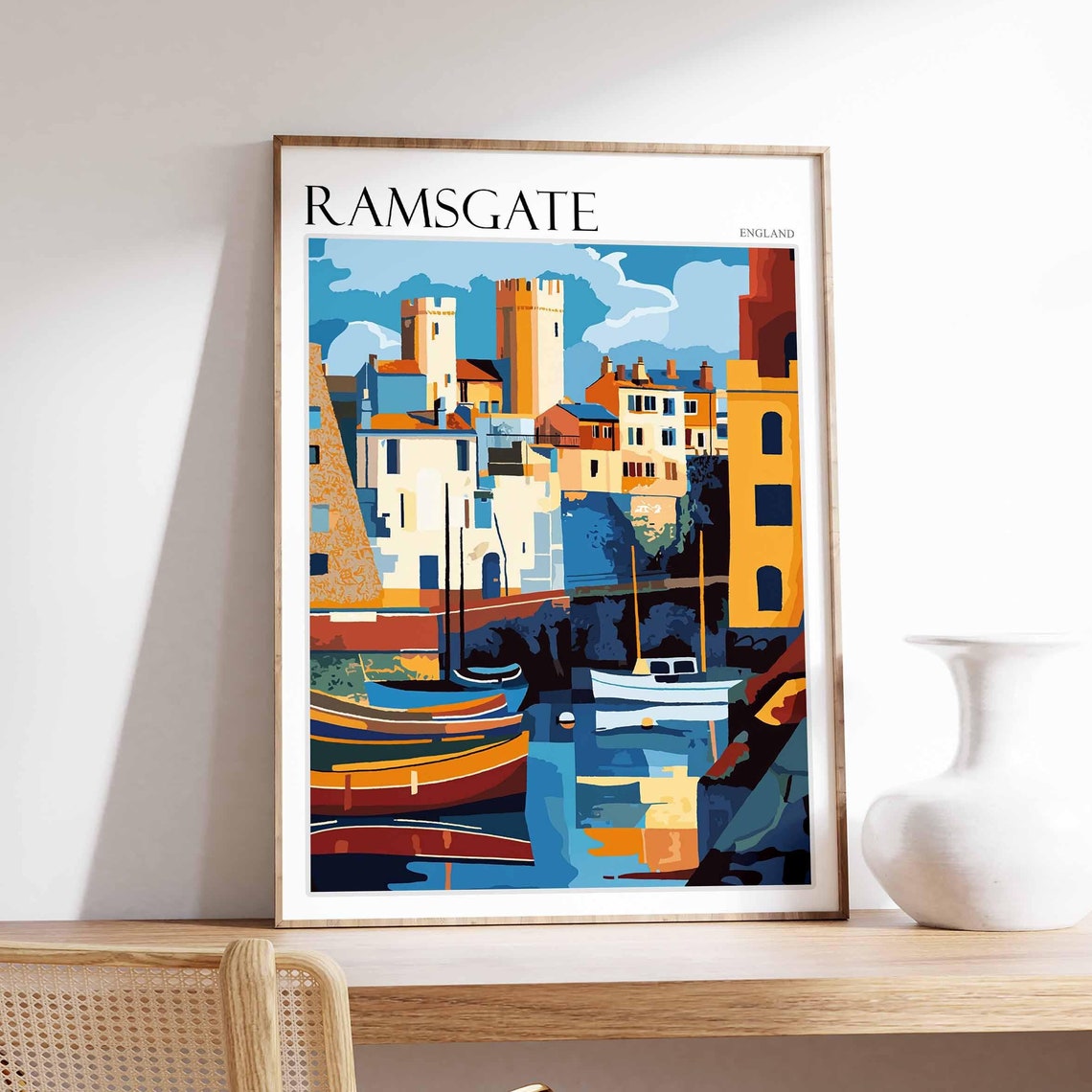 Ramsgate England Graphic Harbor Boats Golden Tower Artwork Poster