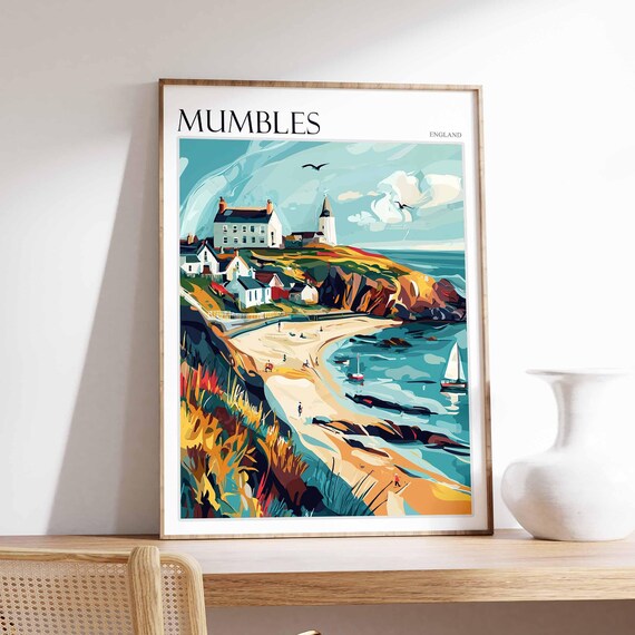 Mumbles Vibrant Colorful Coastal Lighthouse Red Cliffs Beach Poster