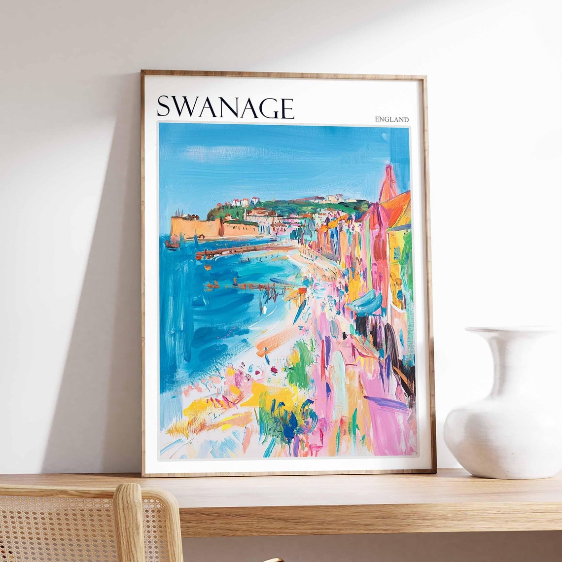 Swanage Pink Coast Painterly Abstract Seaside England Travel Poster