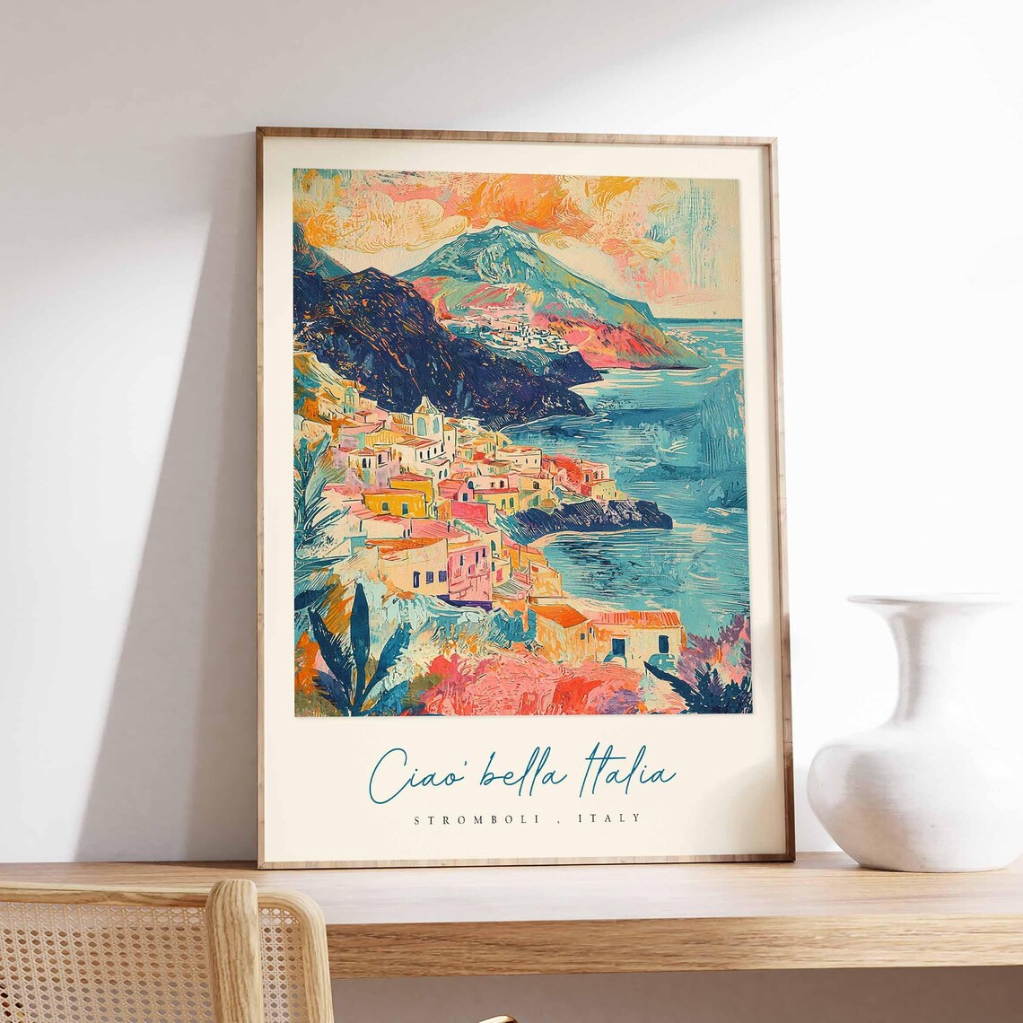 Stromboli Italy Village Poster Sunset Bay Volcano And Colorful Town