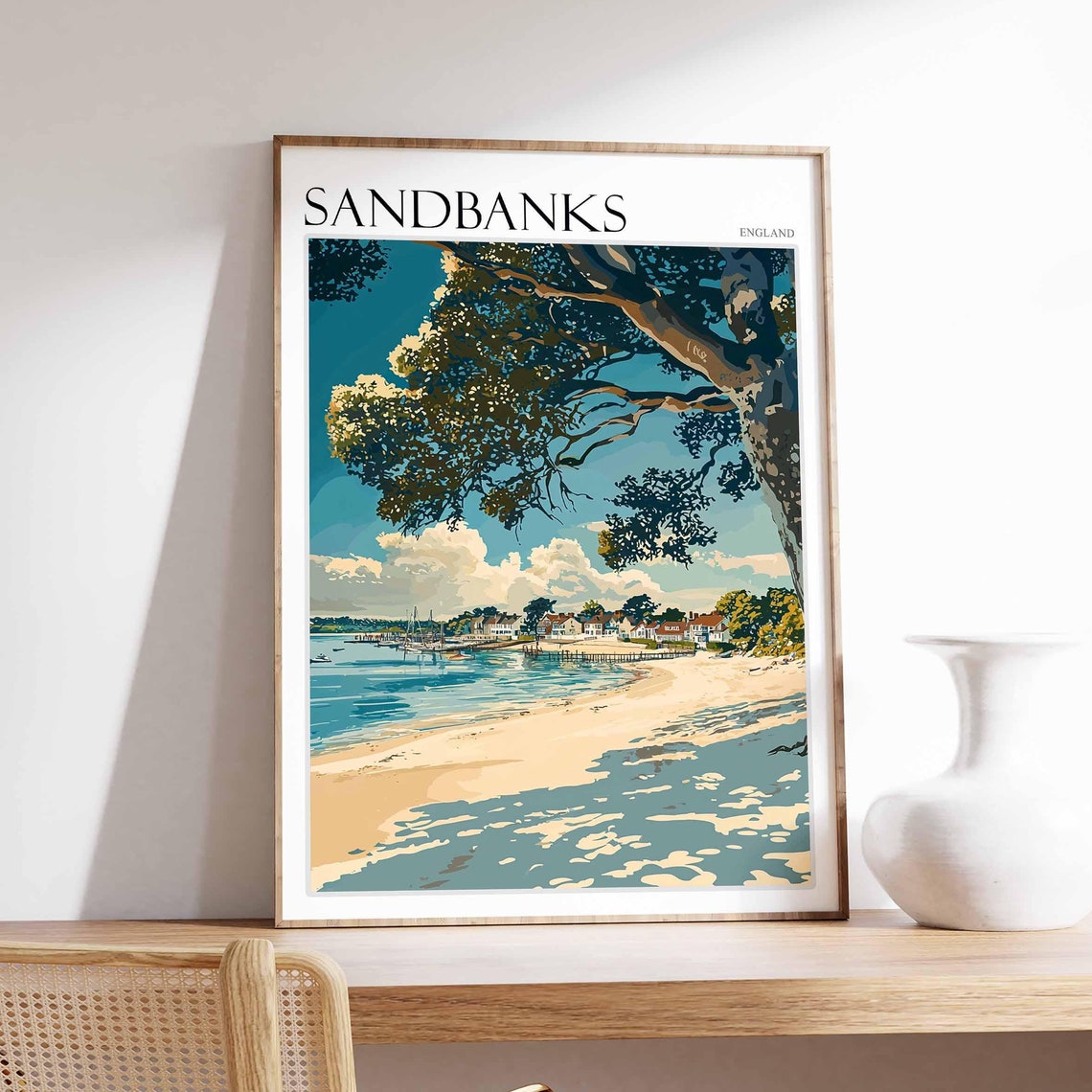 Sandbanks England Shaded Beach Tree Canopy Distant Town Art Poster
