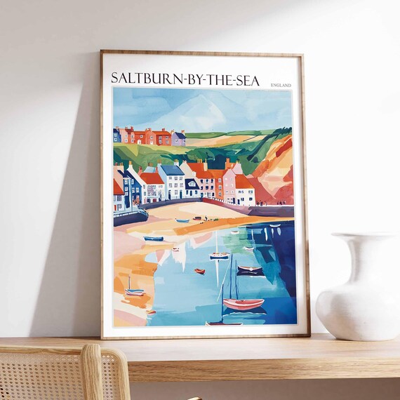 Saltburn-by-the-Sea England Watercolor Harbor Sailboats Town Poster