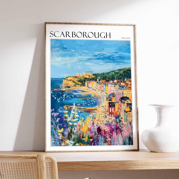 Scarborough England Harbor Wildflowers Colorful Coastal Art Poster