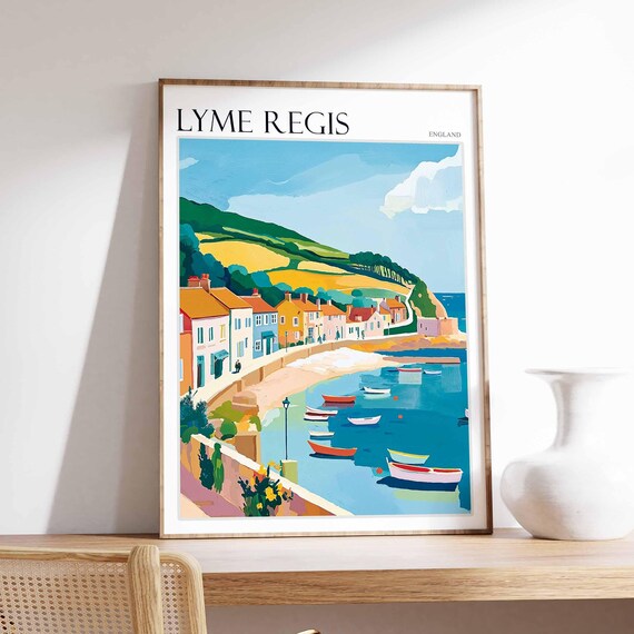 Lyme Regis England Bay Boats Green Hills Seaside Town Poster