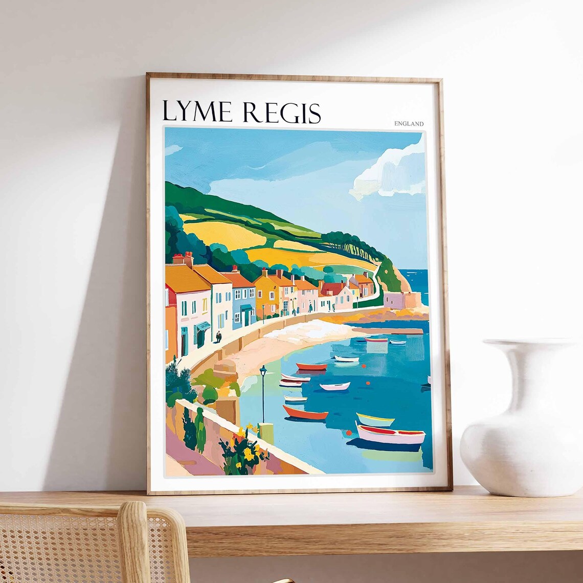 Lyme Regis England Bay Boats Green Hills Seaside Town Poster