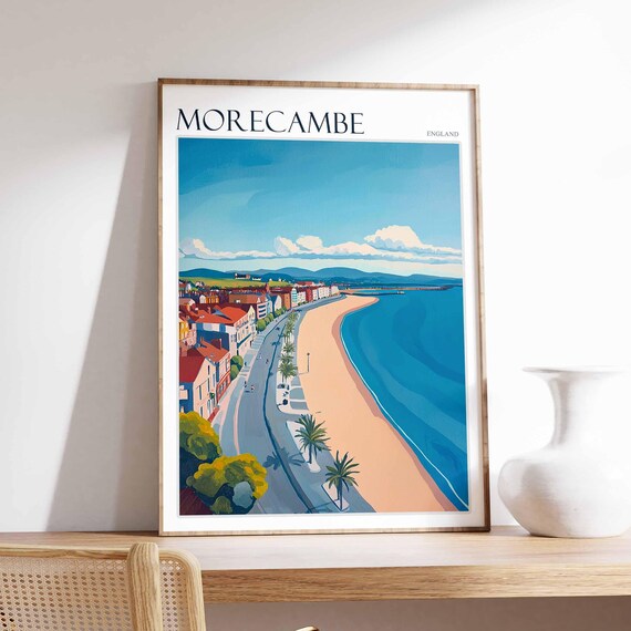 Morecambe England Curved Sandy Beach Pier Promenade Aerial Poster