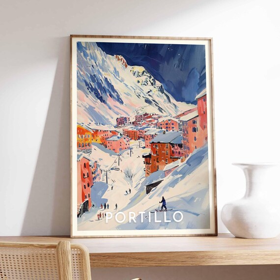 Portillo Chile Bold Graphic Orange Village Ski Resort Scene Poster