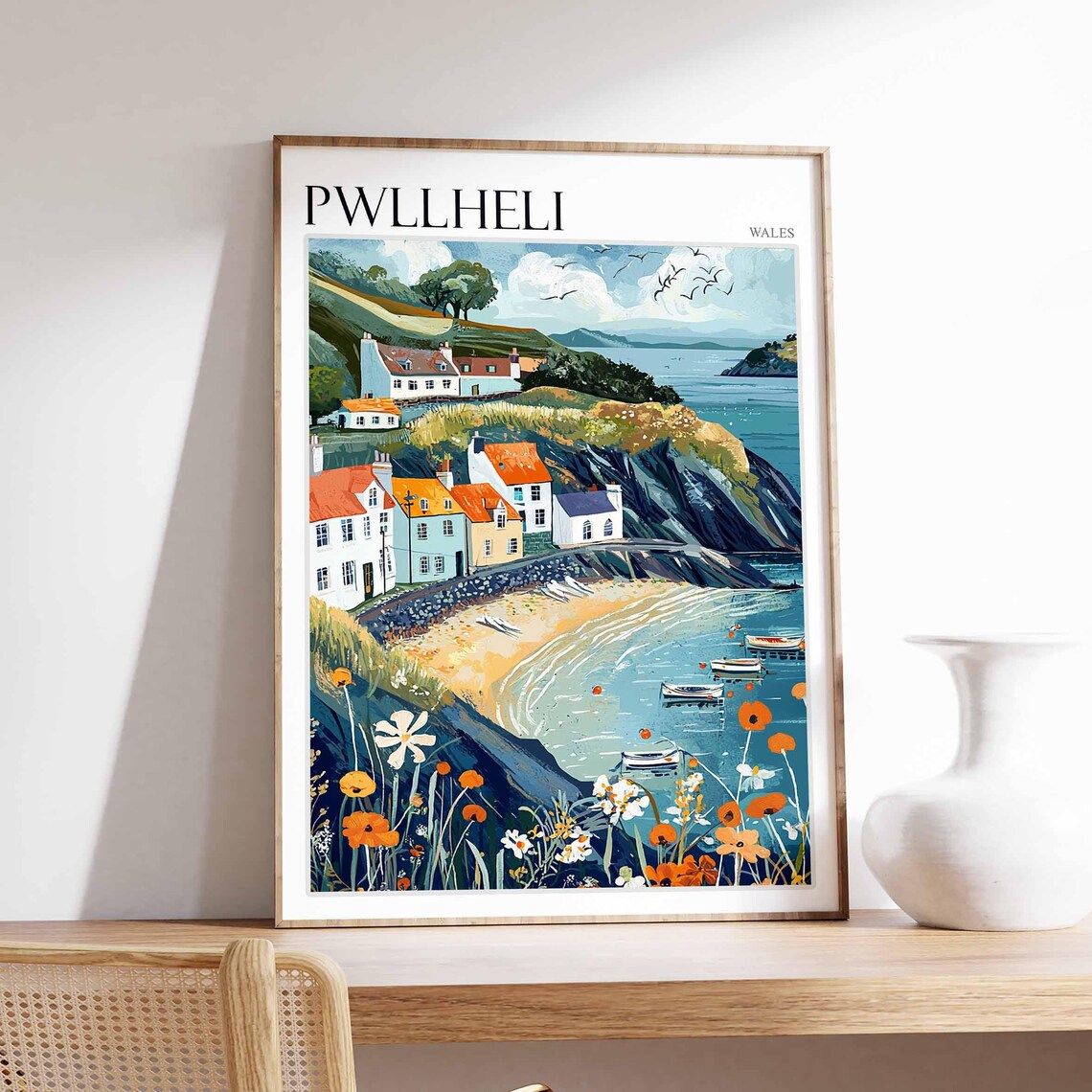 Pwllheli Wales Curved Cove Cottages Wildflowers Boats Seaside Poster
