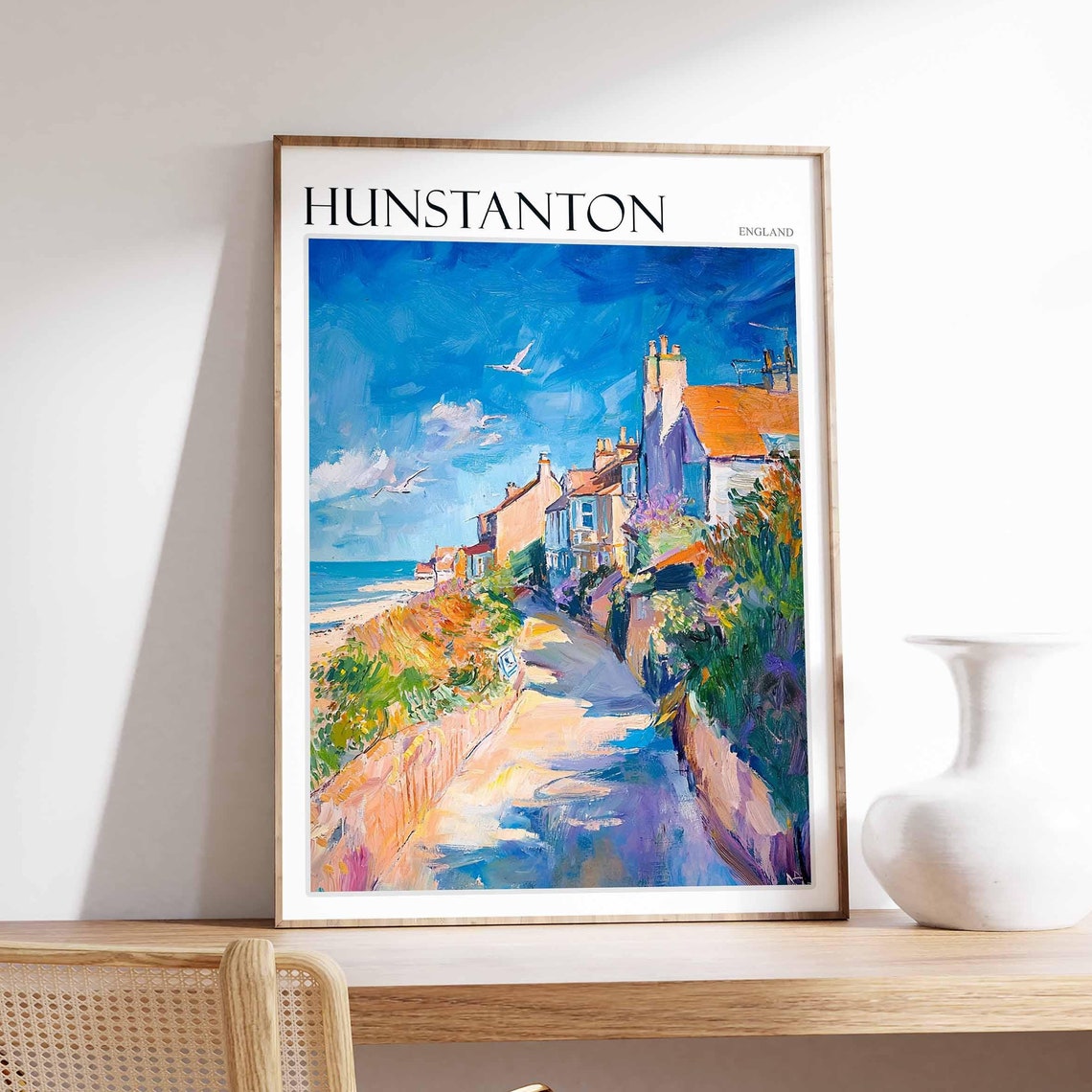 Hunstanton England Sunlit Coastal Path Cottages Seagulls Poster