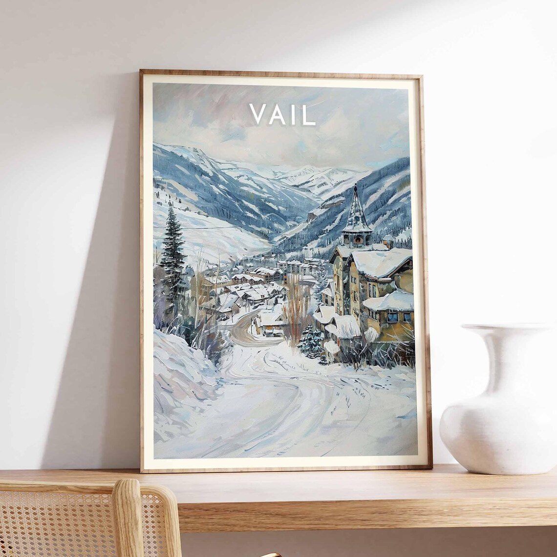 Vail Colorado Snowy Village Street Church Tower Watercolor Poster