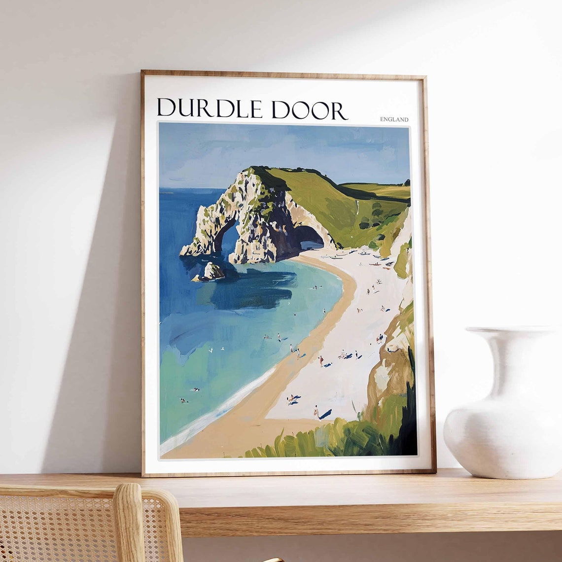 Durdle Door England Chalk Arch Swimmers Bay Soft Painting Poster