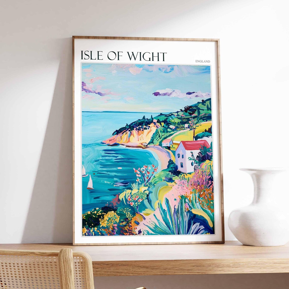 Isle of Wight England White Cottage Wildflower Cove Cliffs Poster