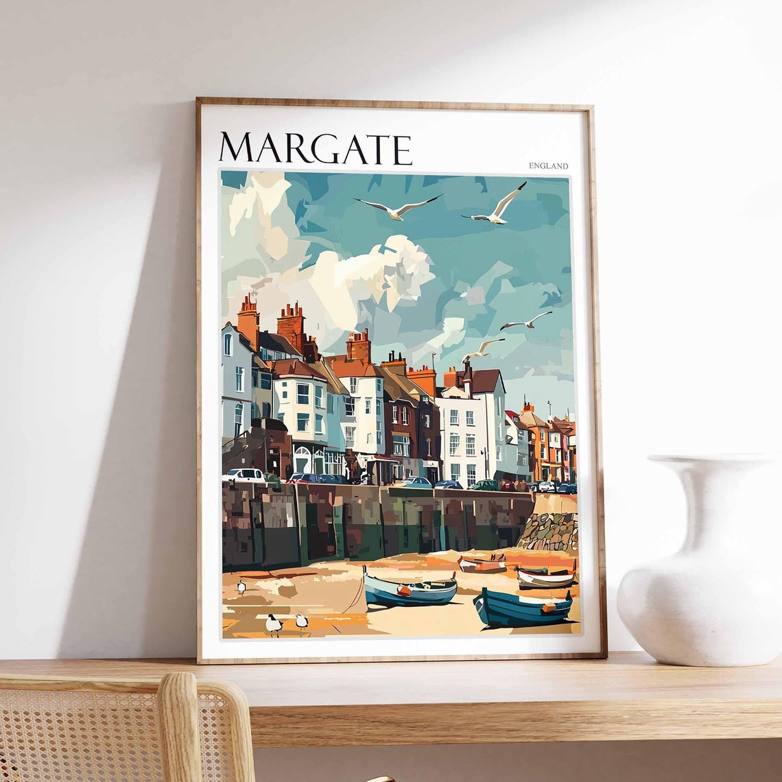 Margate England Low Tide Fishing Boats Harbor Seagulls Poster
