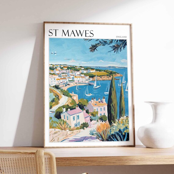 St Mawes England Panoramic Bay View with Sailboats and Cypress Trees Poster
