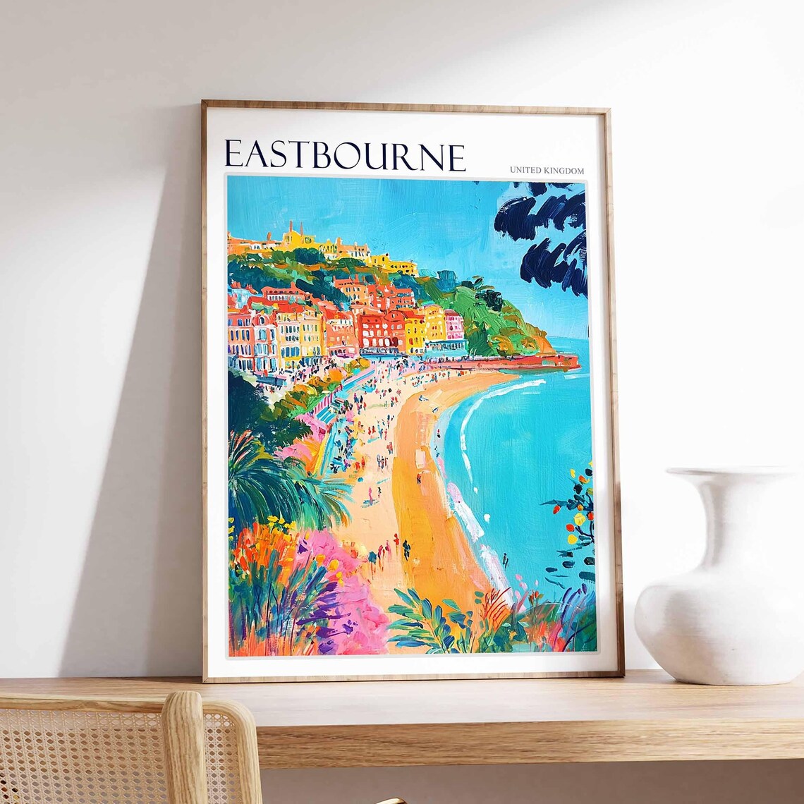 Eastbourne England Colorful Beach and Hillside Town Art Poster