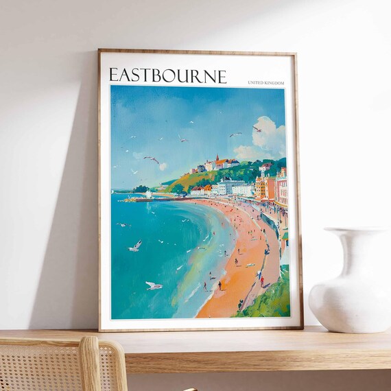 Eastbourne Seagulls Over Crowded Beach Hillside Town Painting Poster