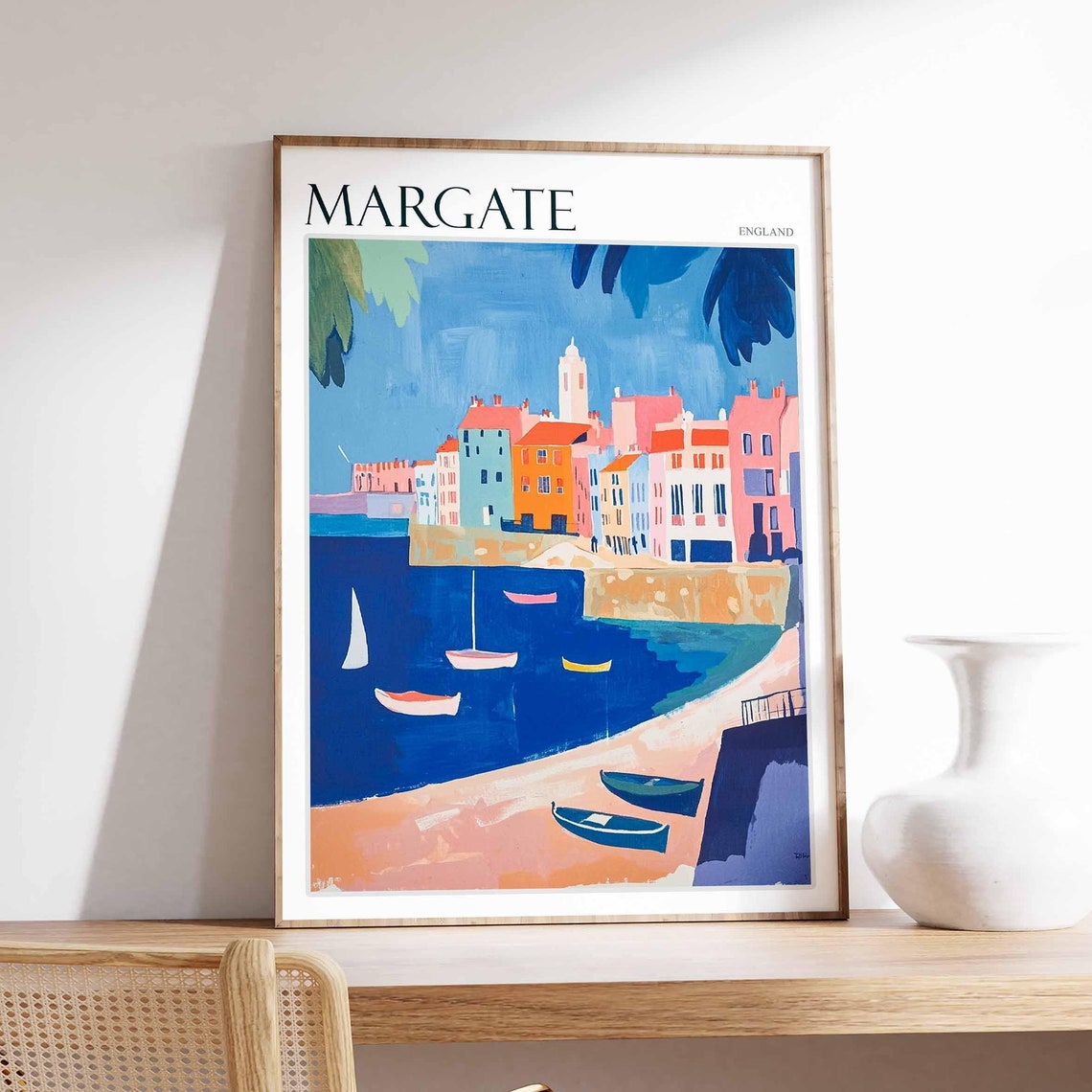 Margate England Blue Harbor Boats Pastel Waterfront Art Poster