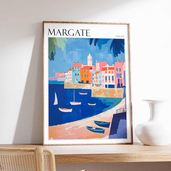 Margate England Blue Harbor Boats Pastel Waterfront Art Poster
