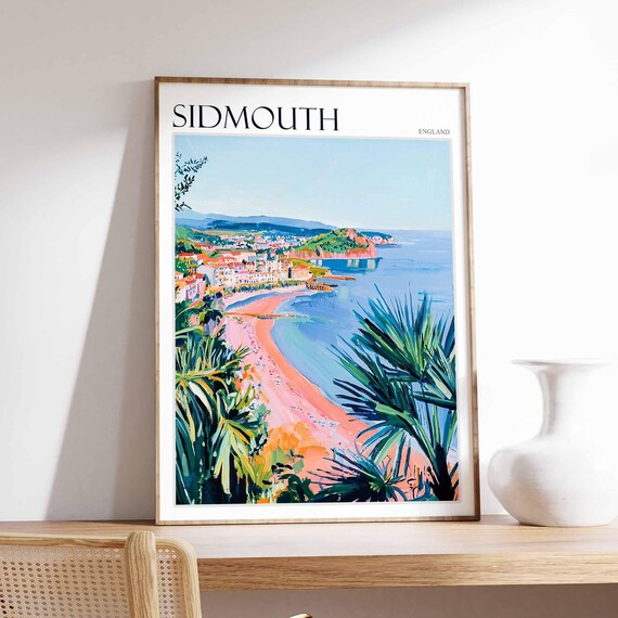 Sidmouth England Red Cliffs Palm Beach Seaside Travel Art Poster