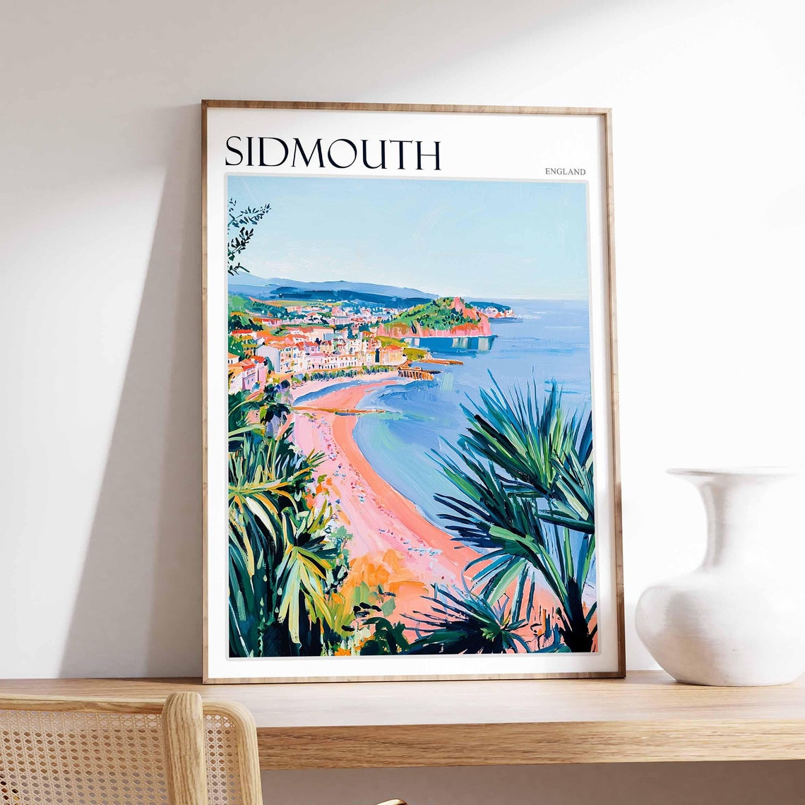 Sidmouth England Red Cliffs Palm Beach Seaside Travel Art Poster