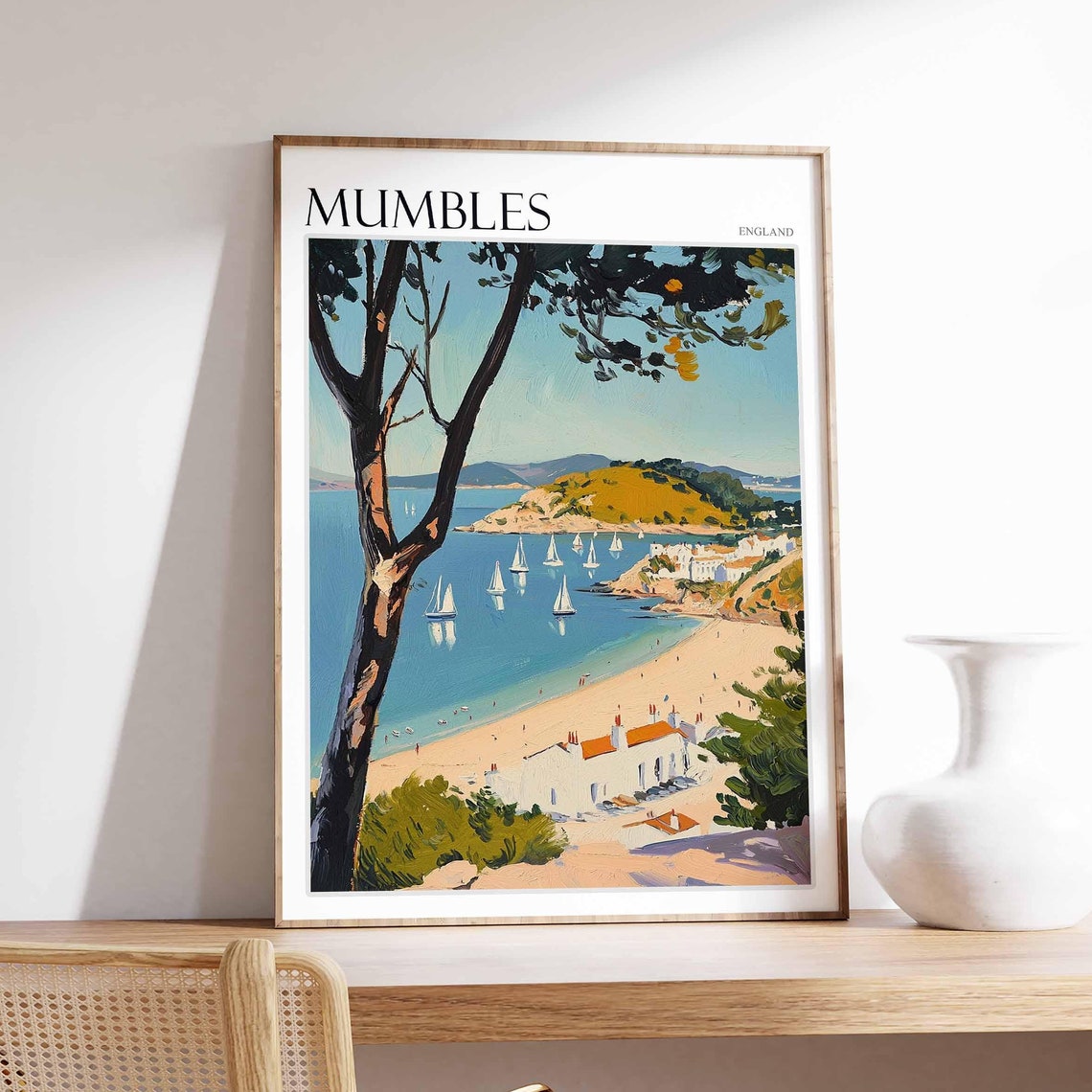 Mumbles Tree Framed Sailboat Bay Beach England Travel Poster