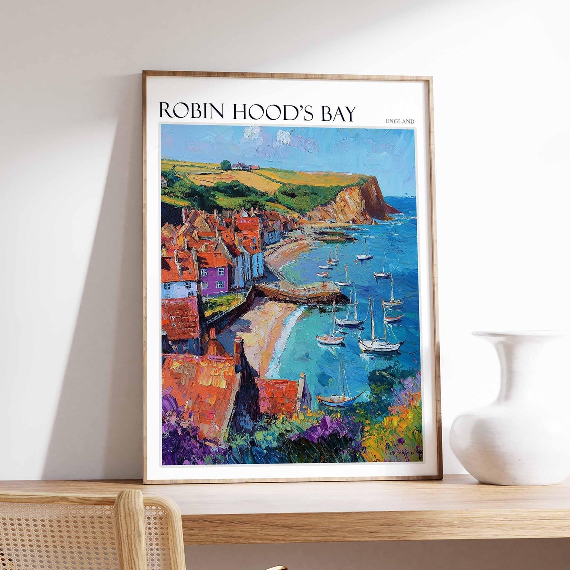 Robin Hood's Bay England Impasto Rooftops Sailboats Artwork Poster