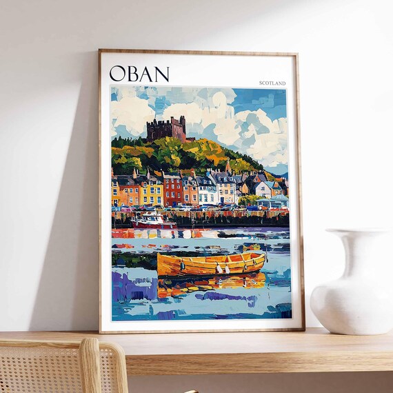 Oban Harbor Castle Hill Rowboat Reflection Scotland Travel Poster