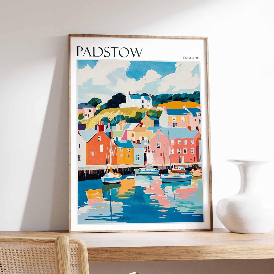 Padstow England Harbor Boats Hillside Scene Vintage Travel Poster