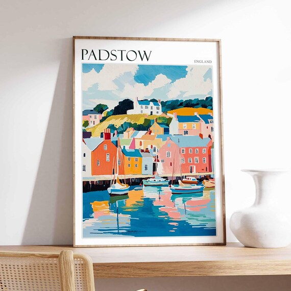 Padstow England Harbor Boats Hillside Scene Vintage Travel Poster