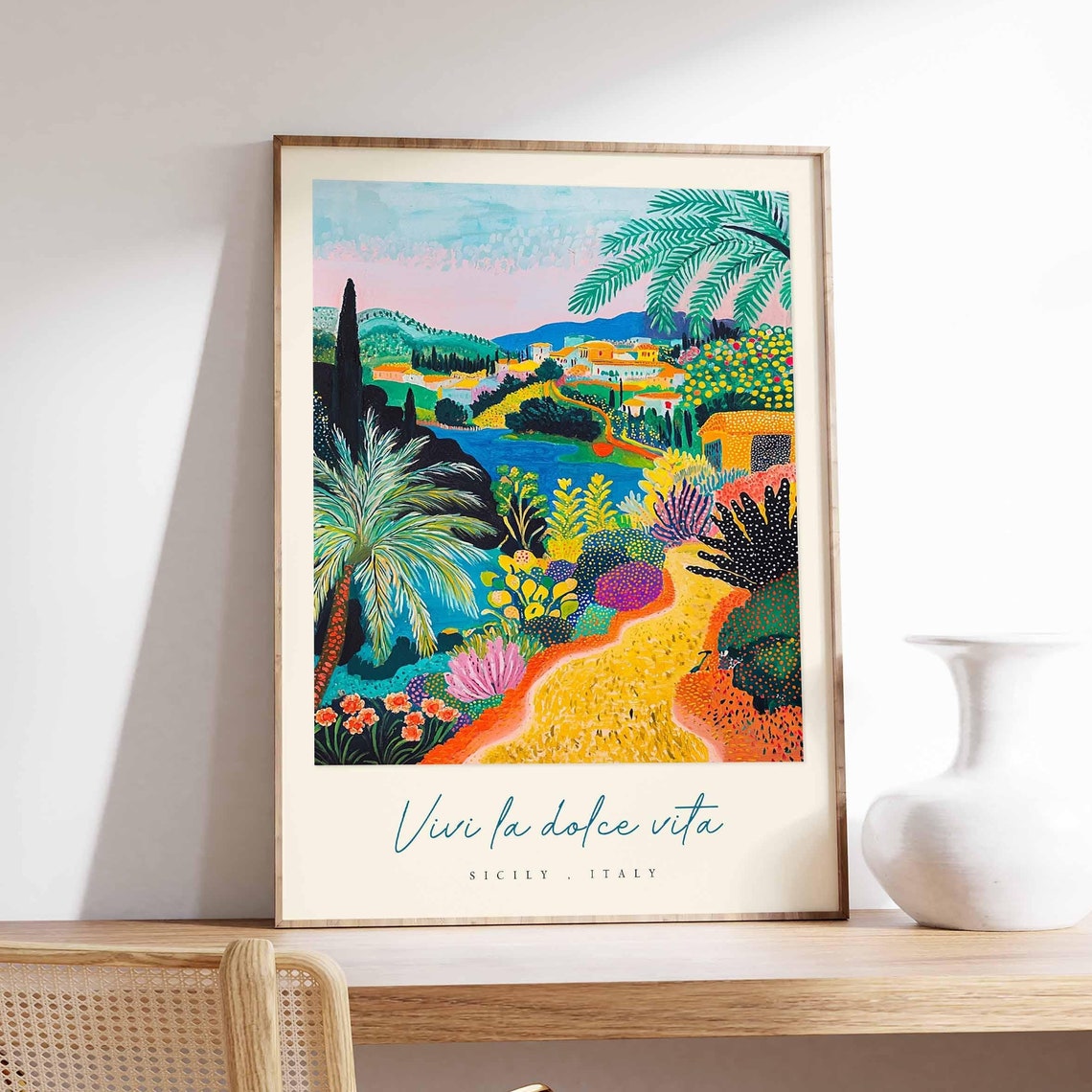 Sicily Italy Garden Poster Vibrant Tropical Flowers And Hillside Town