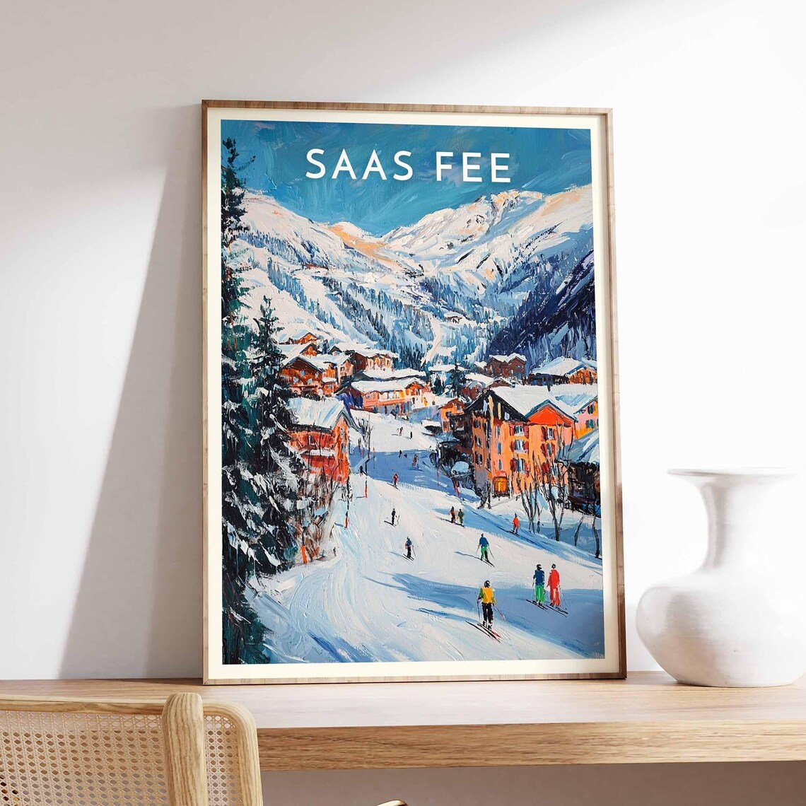 Saas Fee Switzerland Village Street Skiers Colorful Chalets Glacier Poster