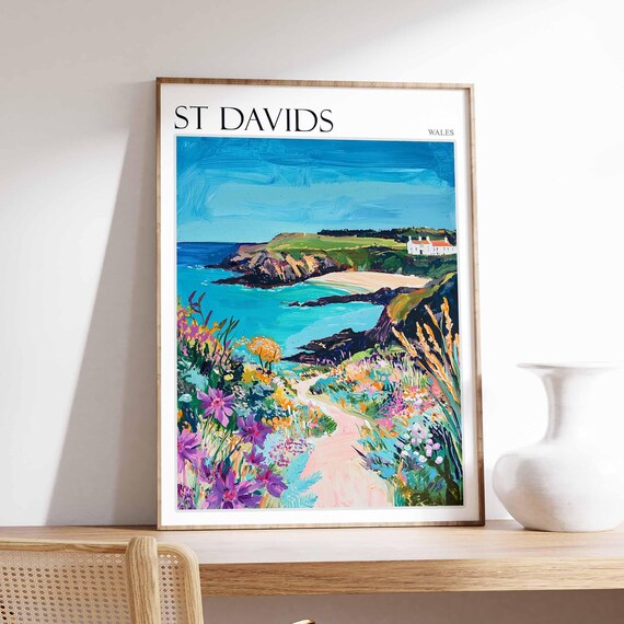 St Davids Wales Purple Wildflower Path to Turquoise Beach Poster