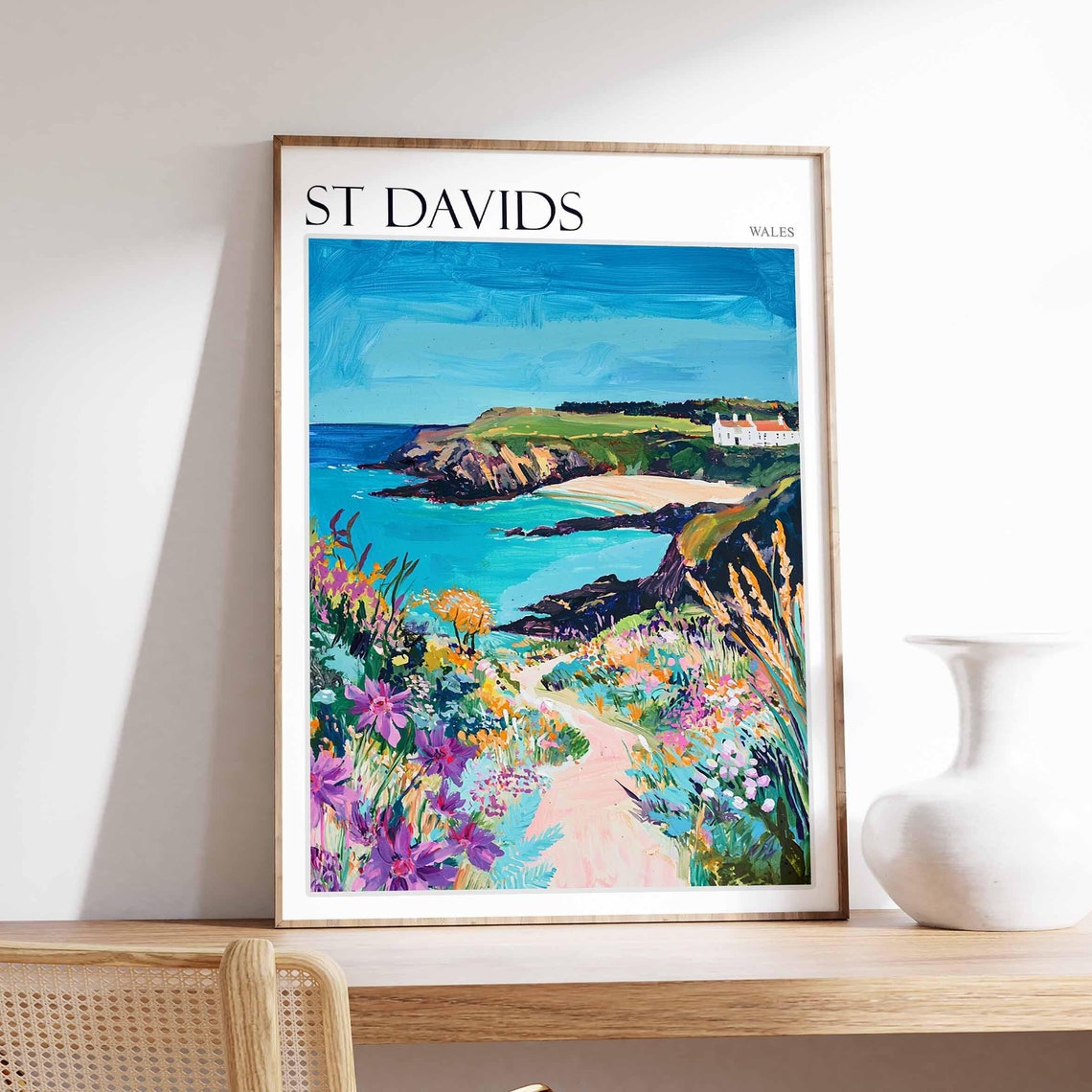 St Davids Wales Purple Wildflower Path to Turquoise Beach Poster