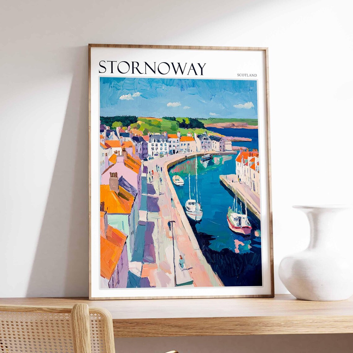 Stornoway Curving Street Harbor Boats Painterly Scottish Town Poster