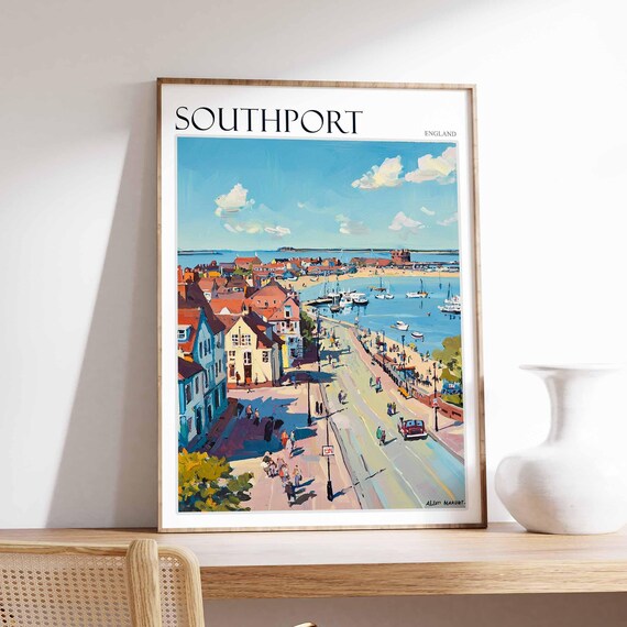 Southport England Busy Harbor Street Colorful Scene Art Poster