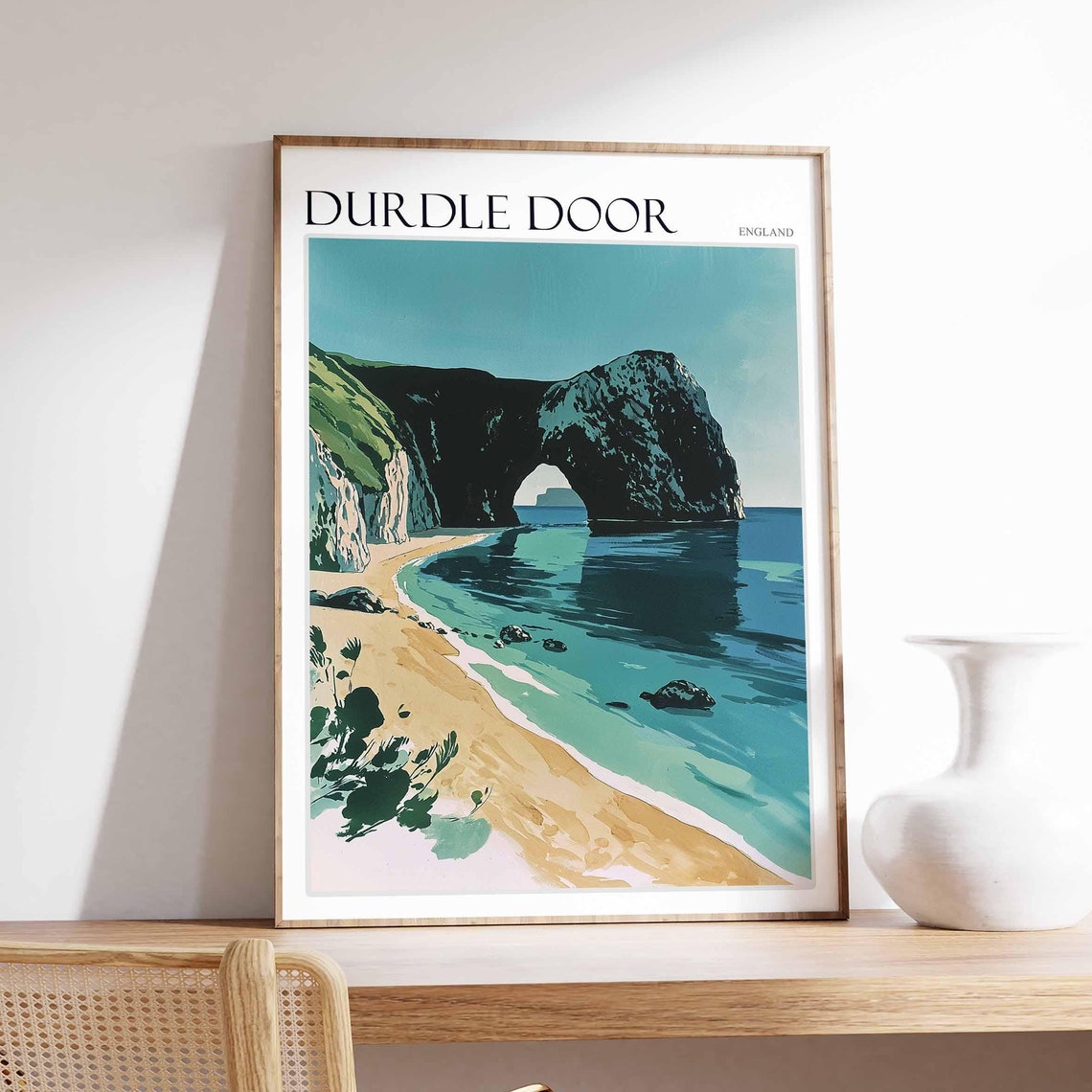 Durdle Door England Retro Stone Arch Teal Beach Illustration Poster